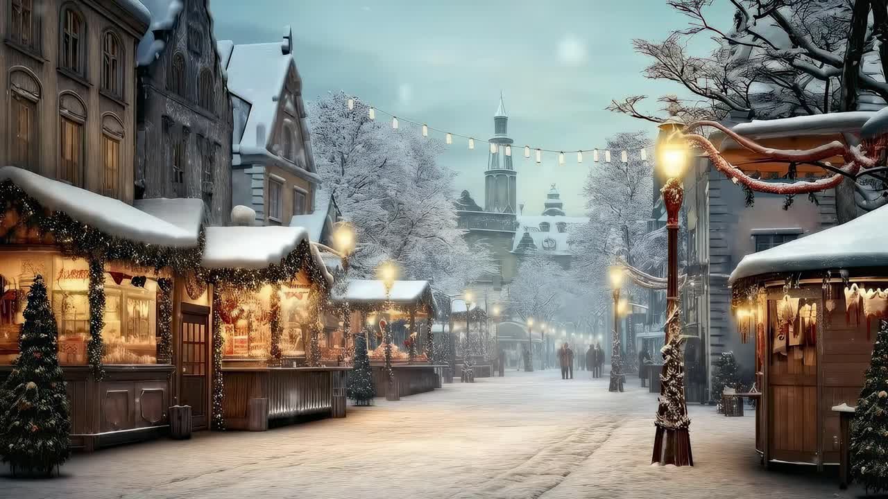 Charming winter market scene at eye level, capturing festive stalls and lights, perfect