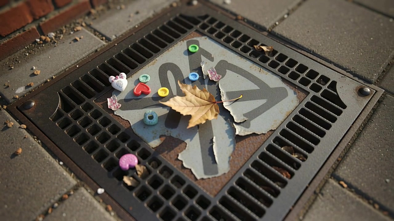 Breeze sending maple leaf landing on storm grate at sidewalk, covering torn arrow sticker and beads