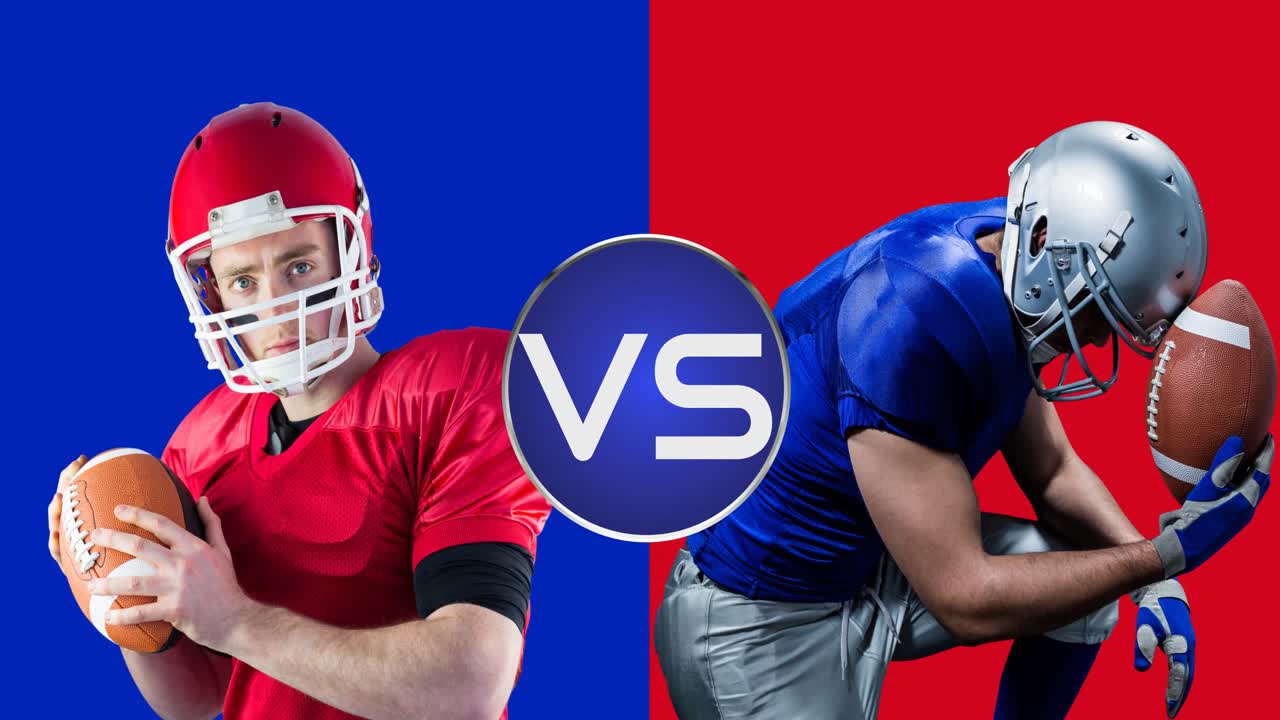 Animation of vs text over american football players from two teams on red and blue backgrounds