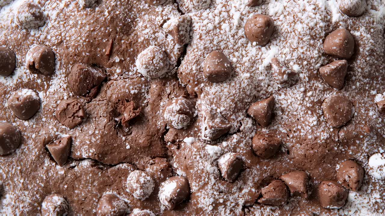 Veranderende camera die brownie op een dienblad onthult, waarbij fudgy barstjes met melkchips en poedersuiker te zien zijn