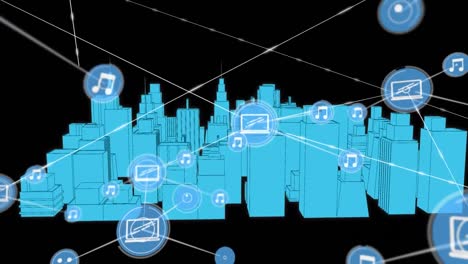 Animation-of-network-of-connections-with-icons-over-3d-city-drawing