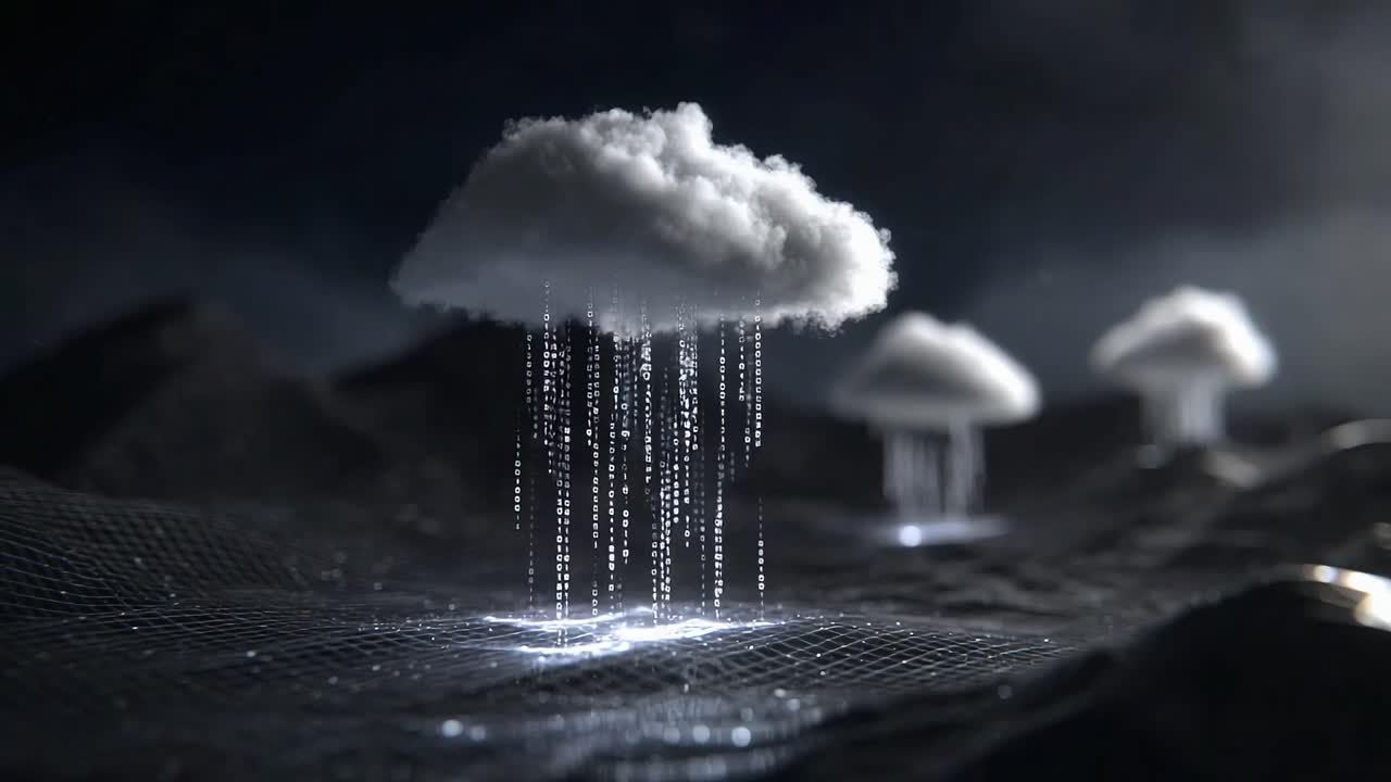 A mesmerizing visualization of digital clouds raining luminous particles onto a dark, textured landscape, creating a stunning blend of nature and technology