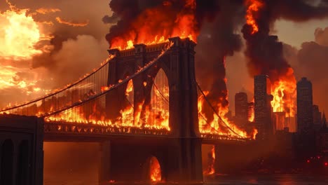 a large bridge on fire in the middle of a city