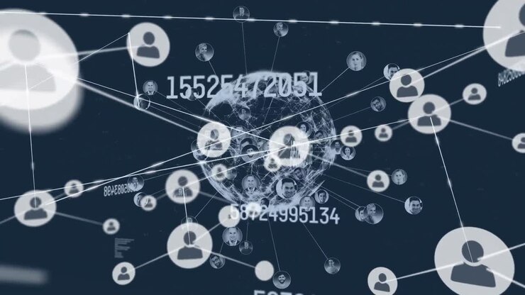 Animation of network of connections with digital icons and globe with numbers changing