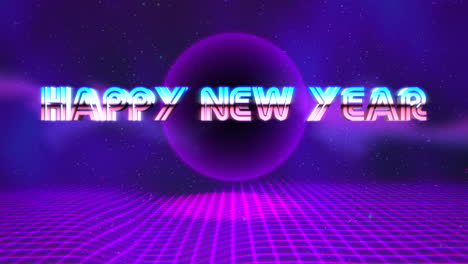 texto de introducción de animación feliz año nuevo y círculo abstracto retro en cuadrícula fondo de vacaciones retro 1