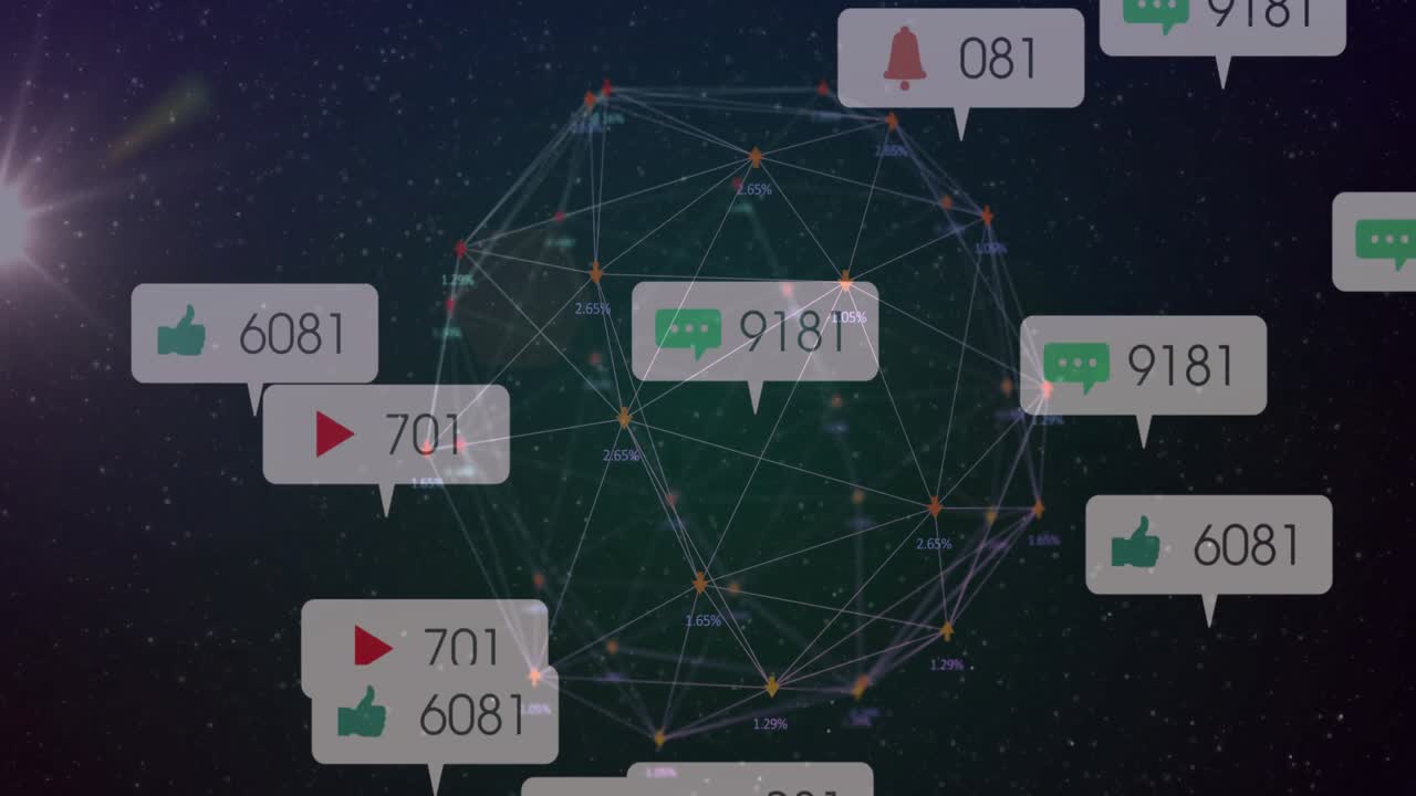 On load 3D network sphere rotating while social bubbles emerging and updating engagement counts