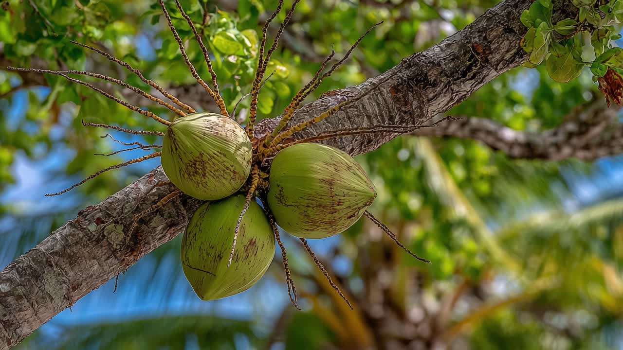 Vista em close-up de cocos em crescimento em uma árvore tropical, ressaltando sua cor verde e forma única contra um fundo exuberante de folhas e céu azul.