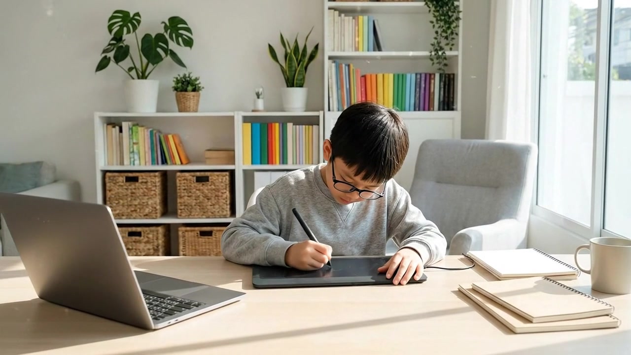 自宅でグラフィックスタブレットを使ってデジタル描画をする少年