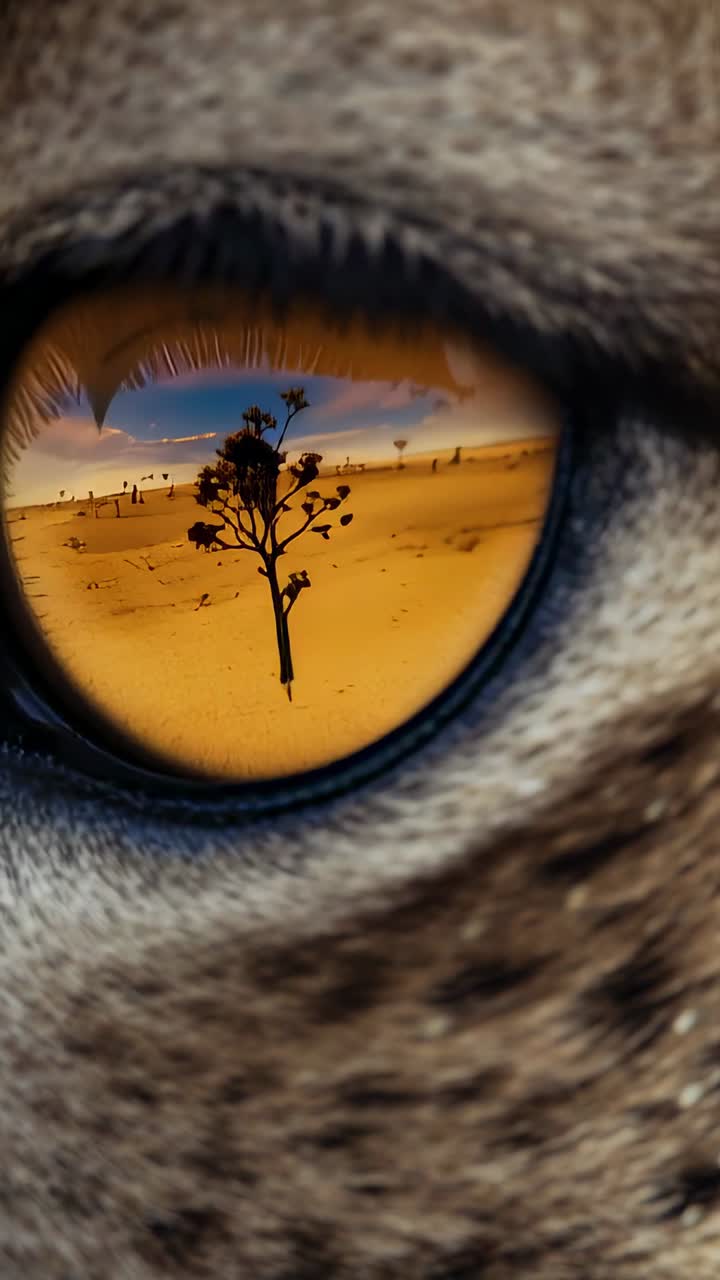 Vertical video: Opening cat eye as lid lifting revealing desert in pupil at sunrise, blinking