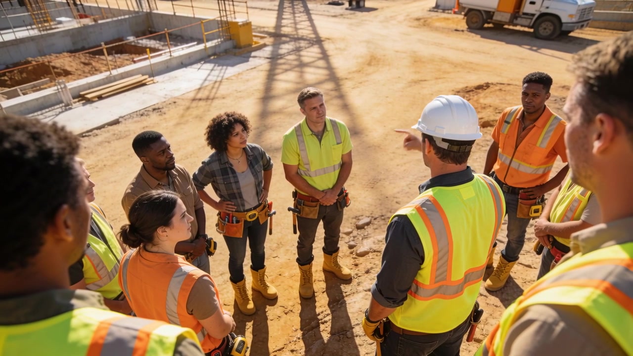 Pointing foreman directing crew for safety briefing at worksite, with white hardhat and vests