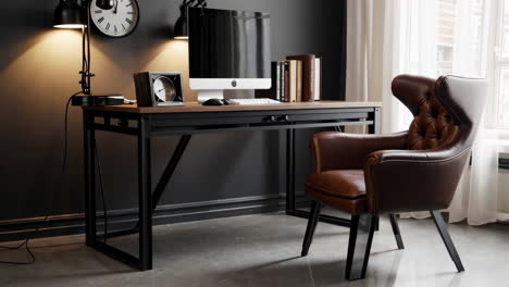 stylish home office interior with leather armchair and modern accents