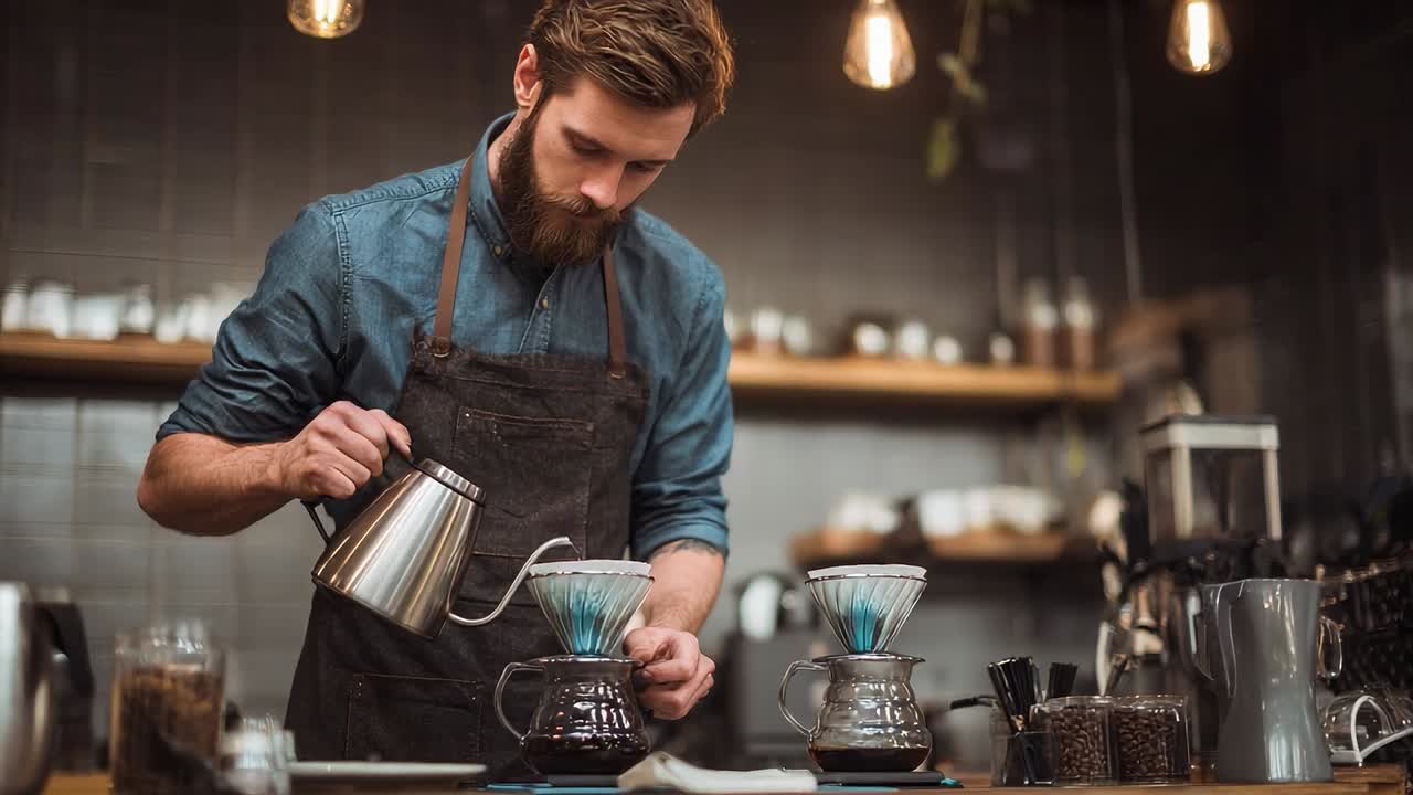 Un barista prepara abilmente un caffè in un bar alla moda