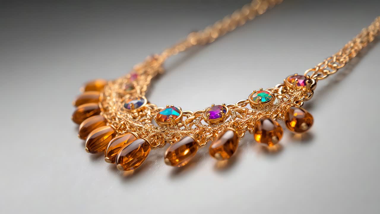 Messa a fuoco della fotocamera che si sposta mostrando una collana in filigrana d'oro su un tavolo grigio con perle d'ambra e cabochon.