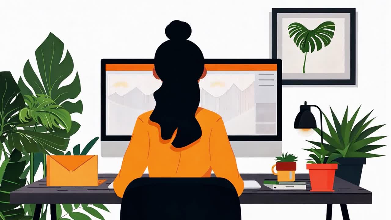 Woman working at a desk in a home office with plants
