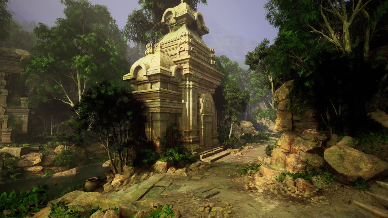 Ancient stone structure surrounded by lush jungle and rocky pathway