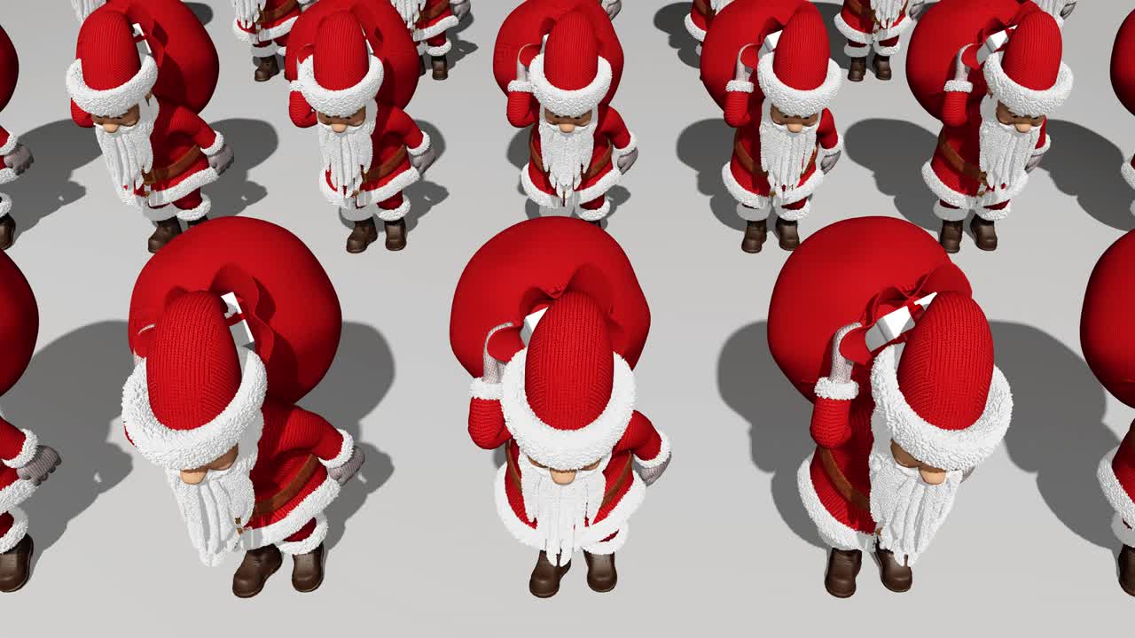 산타클로스 군대는 선물 가방을 가지고 있습니다. 메리 크리스마스 및 행복한 새해 2020 애니메이션.