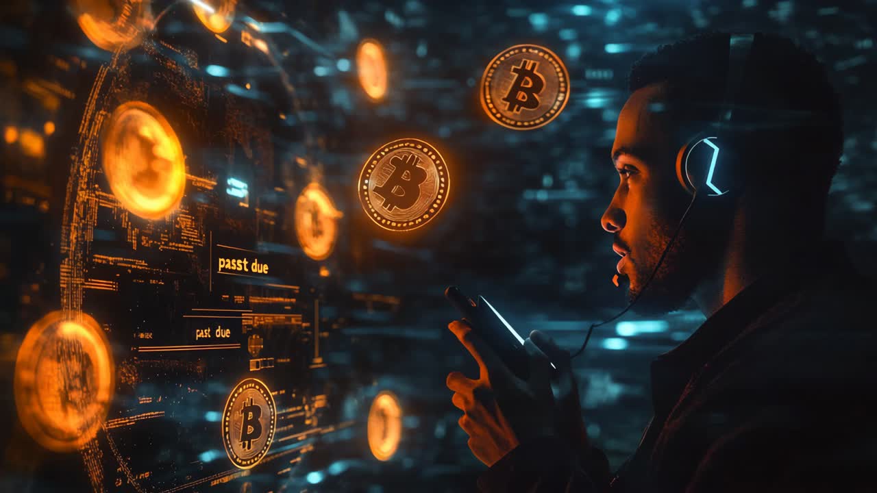 Man using smartphone with Bitcoin overlay