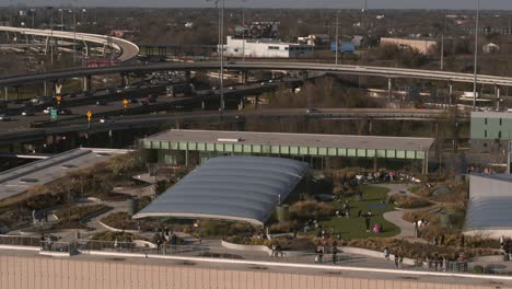 Aerial-of-Post-Houston-rooftop-in-downtown-Houston,-Texas