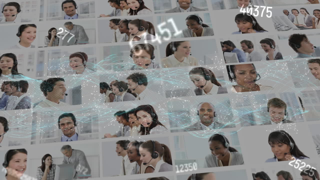 전화 헤드 ⁇ 을 착용한 사업가들을 통해 연결 네트워크의 애니메이션