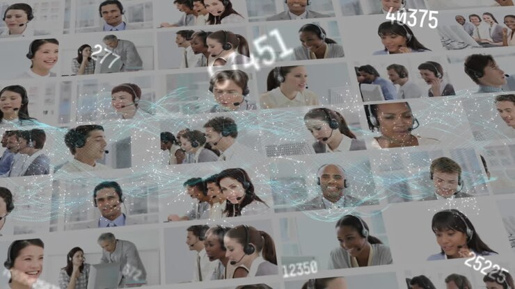 Animation of networks of connections over business people wearing phone headsets