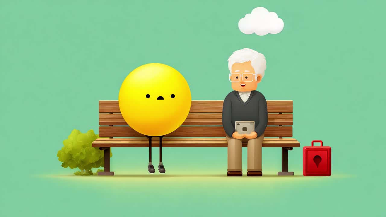 A joyful connection forms as a cheerful round character interacts with a wise old man on a park bench, sharing moments of happiness and friendship under a bright sky