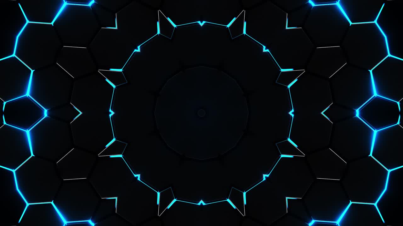 Circular pattern with blue lights on black background. Kaleidoscope VJ loop
