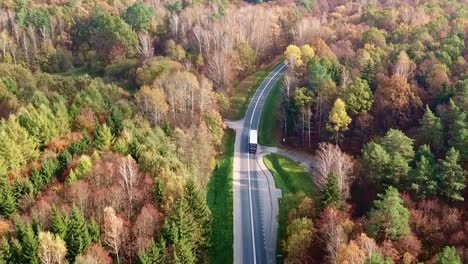 Luftaufnahme-Eines-Lastwagens,-Der-Auf-Einer-Straße-Im-Bunten-Herbstwald-Fährt