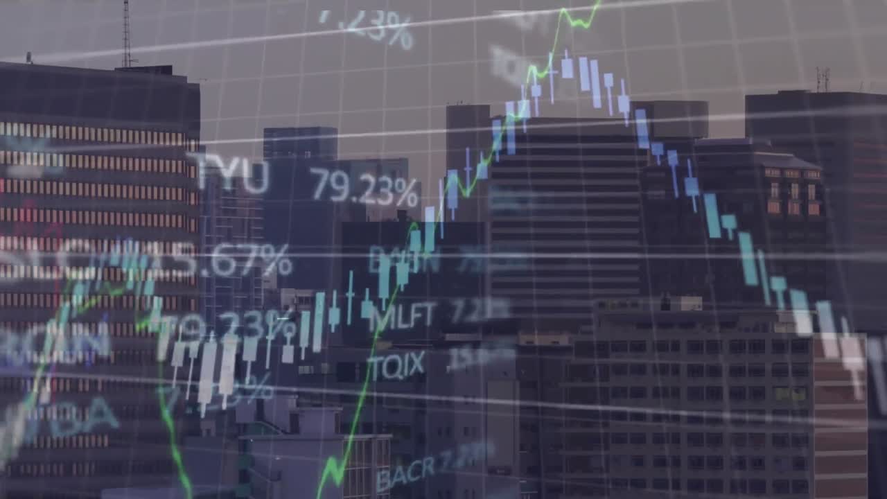 animación del procesamiento de datos financieros y bursátiles frente a una vista aérea del paisaje urbano