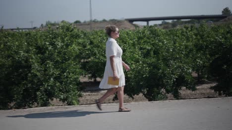woman walking in a citrus grove