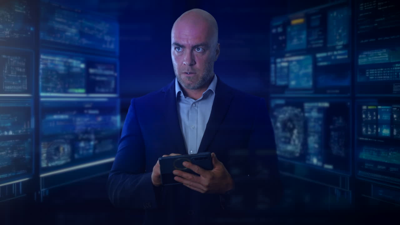 un hombre en un traje está de pie frente a múltiples pantallas digitales que muestran datos de programación ai, usando una tableta