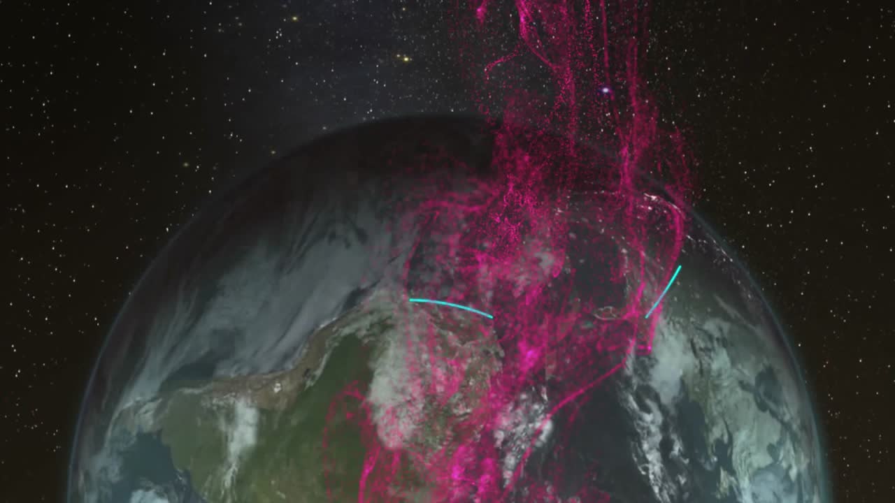 Earth orbiting through space, showing pink data streams and cyan arcs in 3D star field illustration