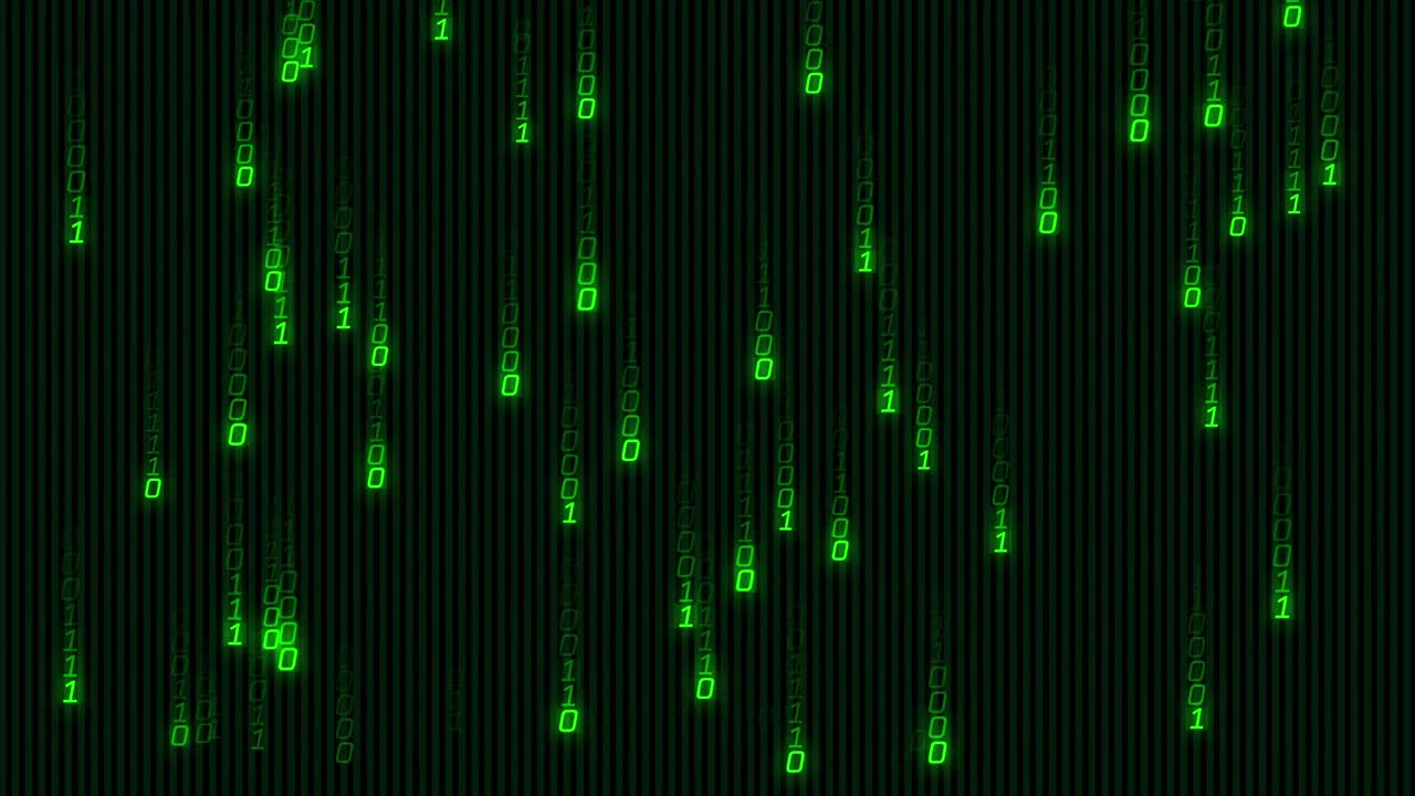Animation of green binary coding data processing over black background