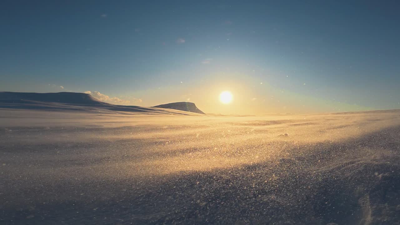 Drifting golden winter snow backlit by low northern sun in blue sky
