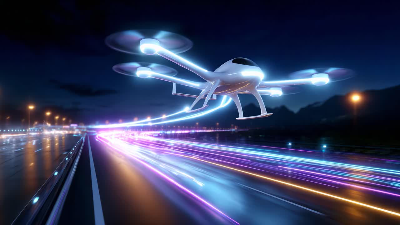A Cutting-Edge Drone Captured in Motion at Night, Illuminated by Vibrant Lights, Showcasing Innovative Technology and Modern Design in an Urban Environment