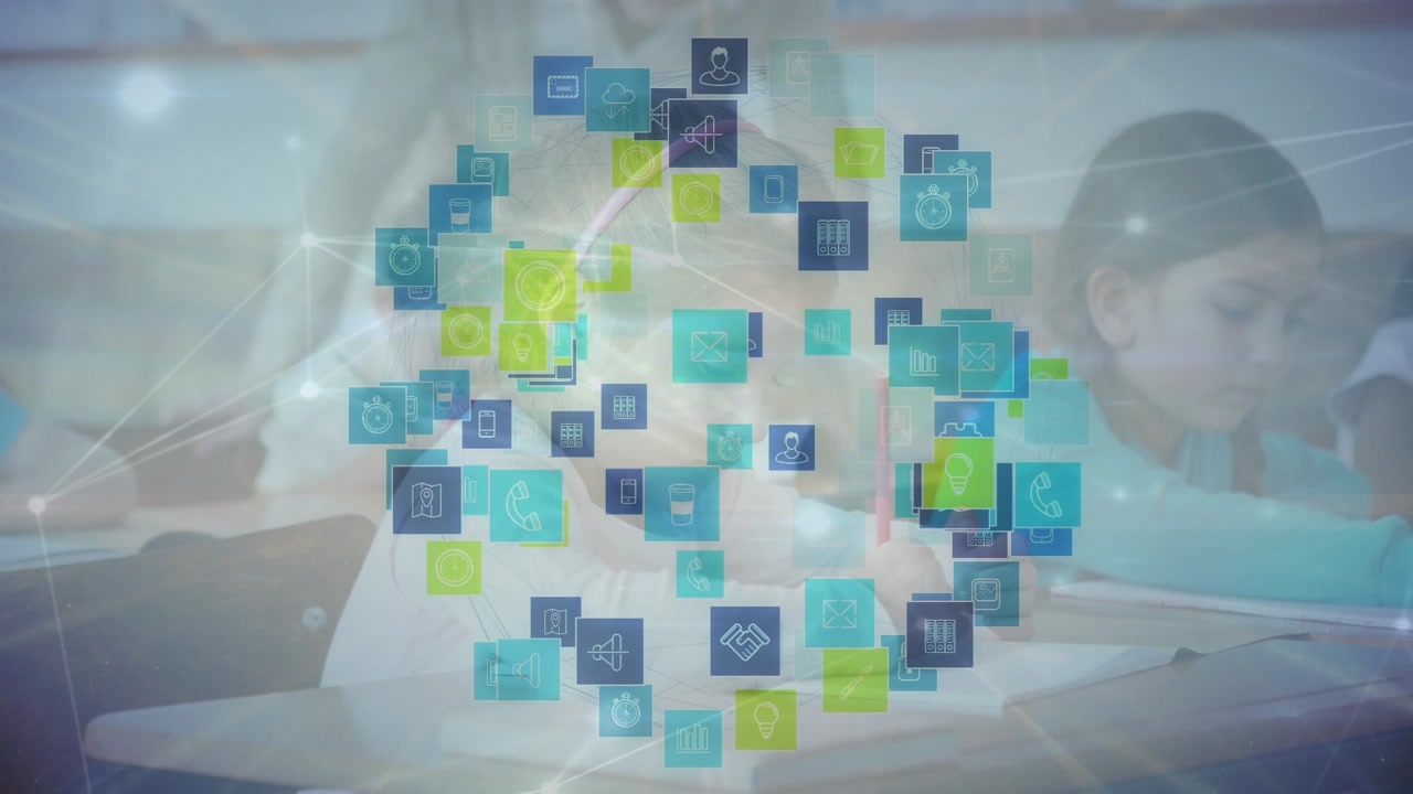 Animation of network of connection with icons over caucasian schoolgirl