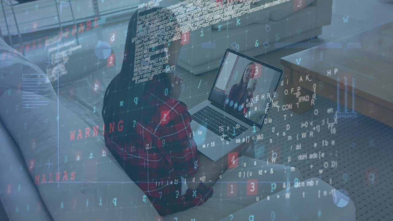 Cyber security data processing over african american woman having a videocall on laptop at home