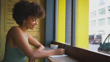 head and shoulders portrait of thoughtful young woman in coffee shop window