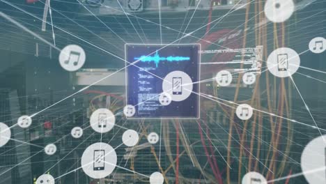 Animation-of-network-of-connections-with-icons-over-data-processing-and-server-room