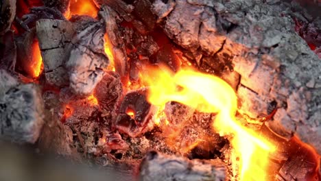 Close-up-shot-of-burning-and-hot-charcoal-coals