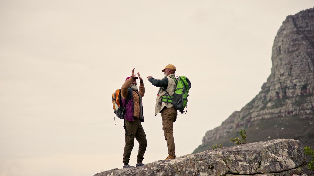 Elderly men hiking on a mountain