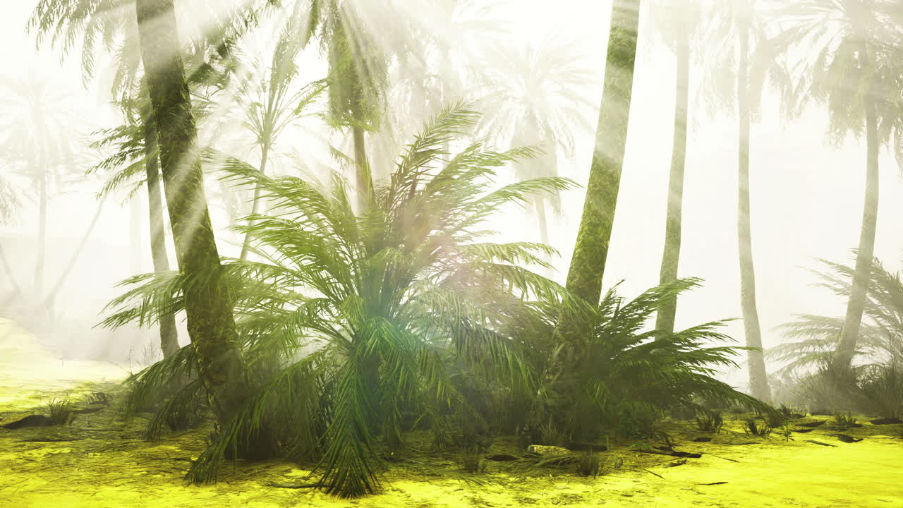 Dense tropical foliage illuminated by soft light in a misty environment