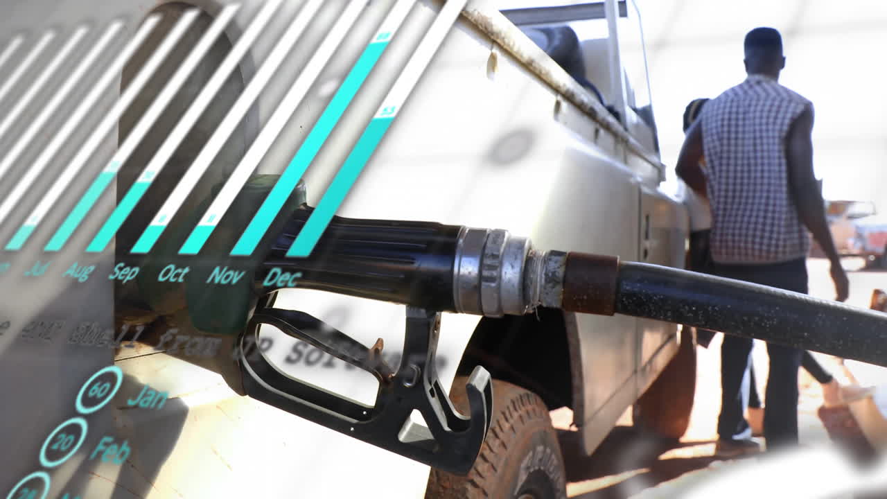 Fuel pump nozzle filling vehicle with graph animation overlay showing monthly data