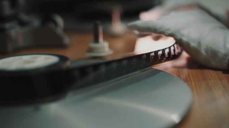 Detail of a film strip in the hands of a man with white gloves who checks the frames. Film roll in the foreground