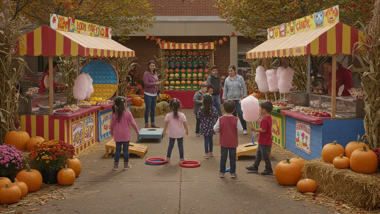A vibrant fall festival with children playing games and adults at candy stalls