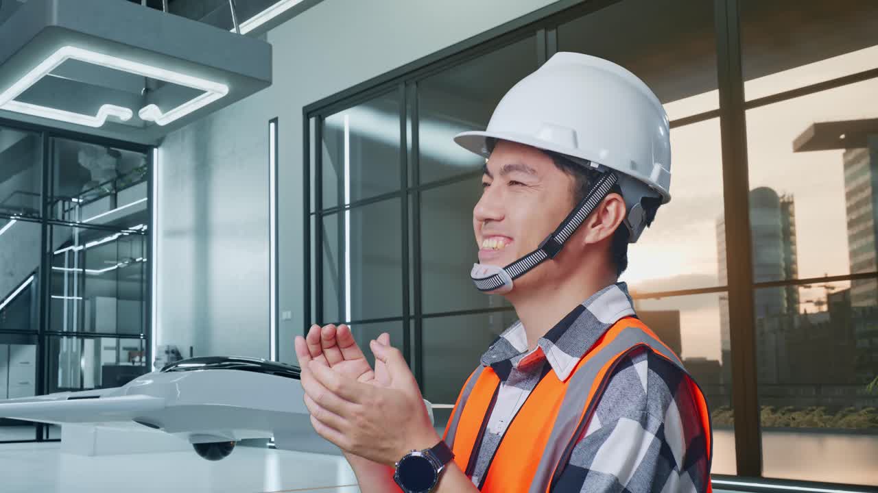 안전 헬을 입은 아시아 남성 엔지니어가 드론 프로젝트에 서서 미소 짓고 손을 박고 있습니다.