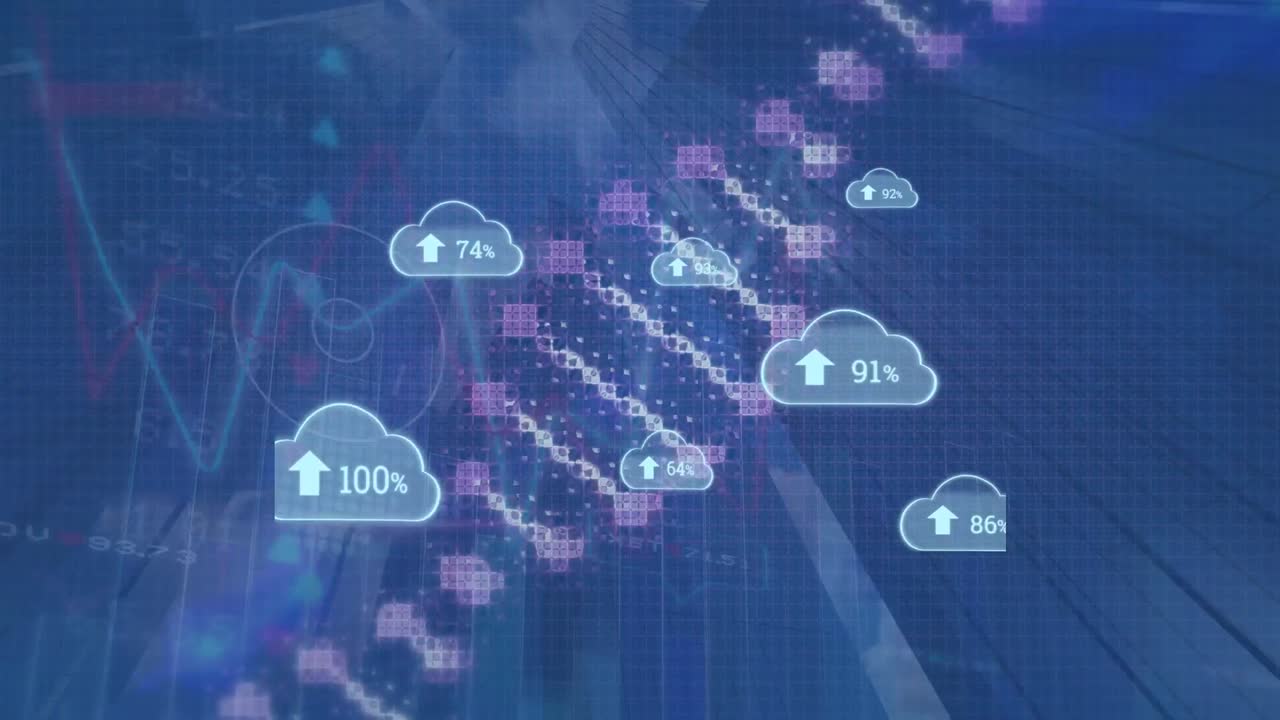 animación de nubes con números y cadenas de adn sobre gráficos y datos en fondo azul