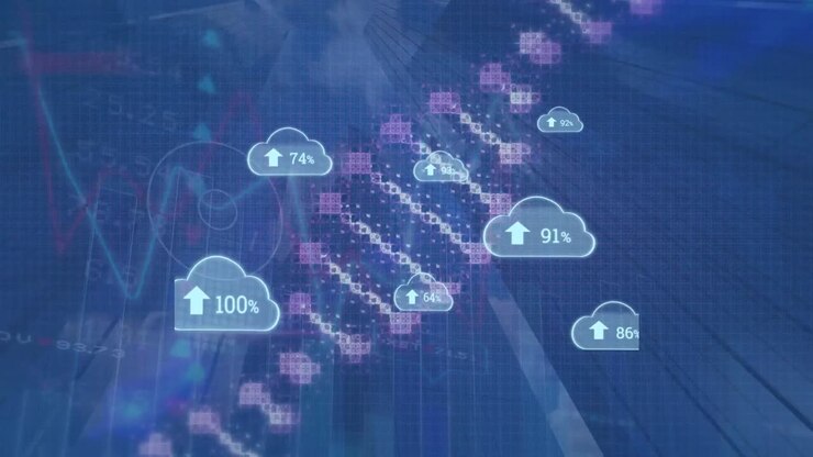 Animation of clouds with numbers and dna chains over graphs and data on blue background