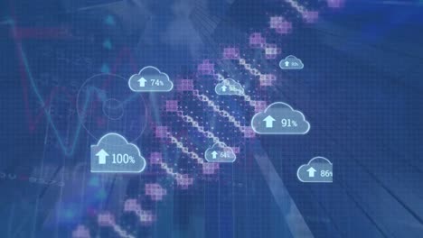 animation of clouds with numbers and dna chains over graphs and data on blue background