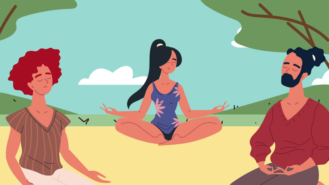 캠프에서 요가를 연습하는 젊은이들