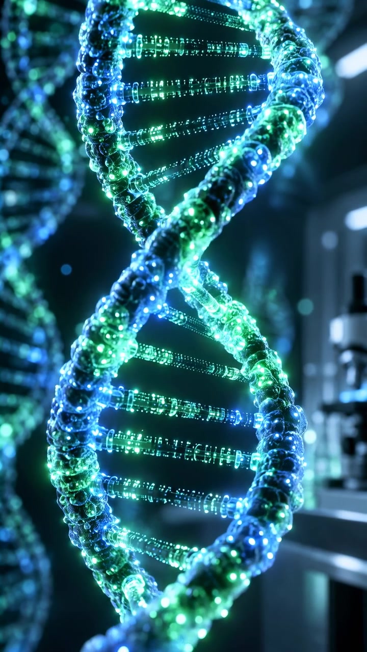 Transparent blue and green DNA structure turns gradually through vertical frame, illuminated nodes and connecting rungs remaining sharp as laboratory equipment and other helices stay softly blurred.